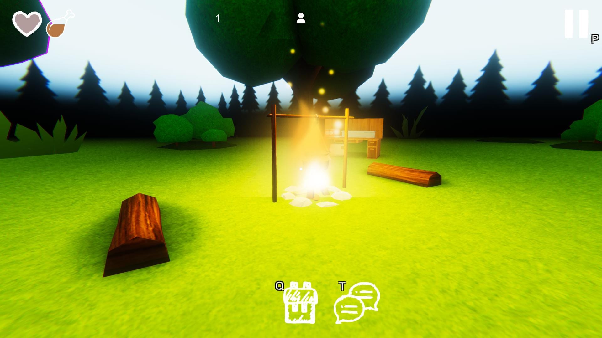 99 Nights in the Forest — campfire at night illuminates the crafting area