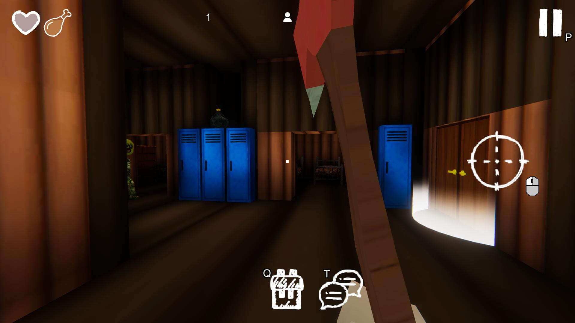 99 Nights in the Forest — first-person combat inside a building, flashlight in hand