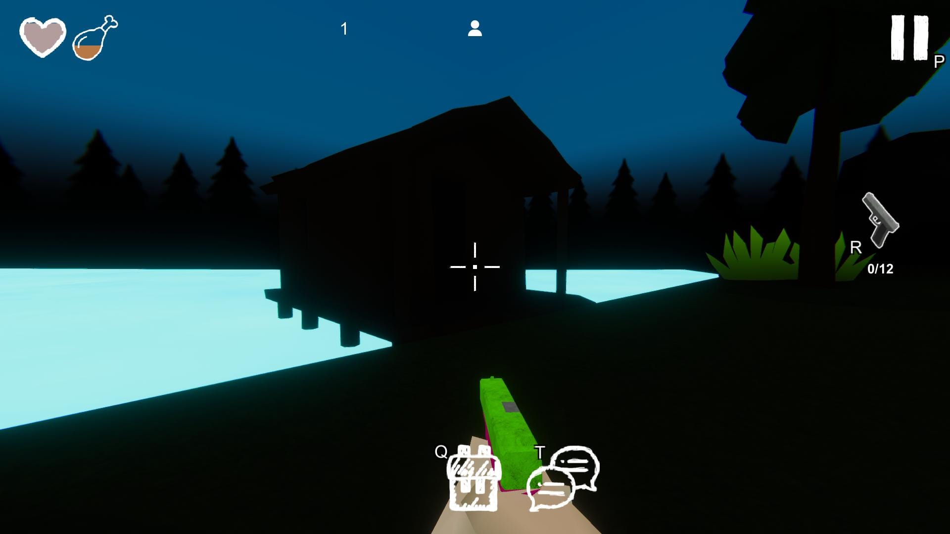 99 Nights in the Forest — nighttime exterior with gun drawn near a wooden dock